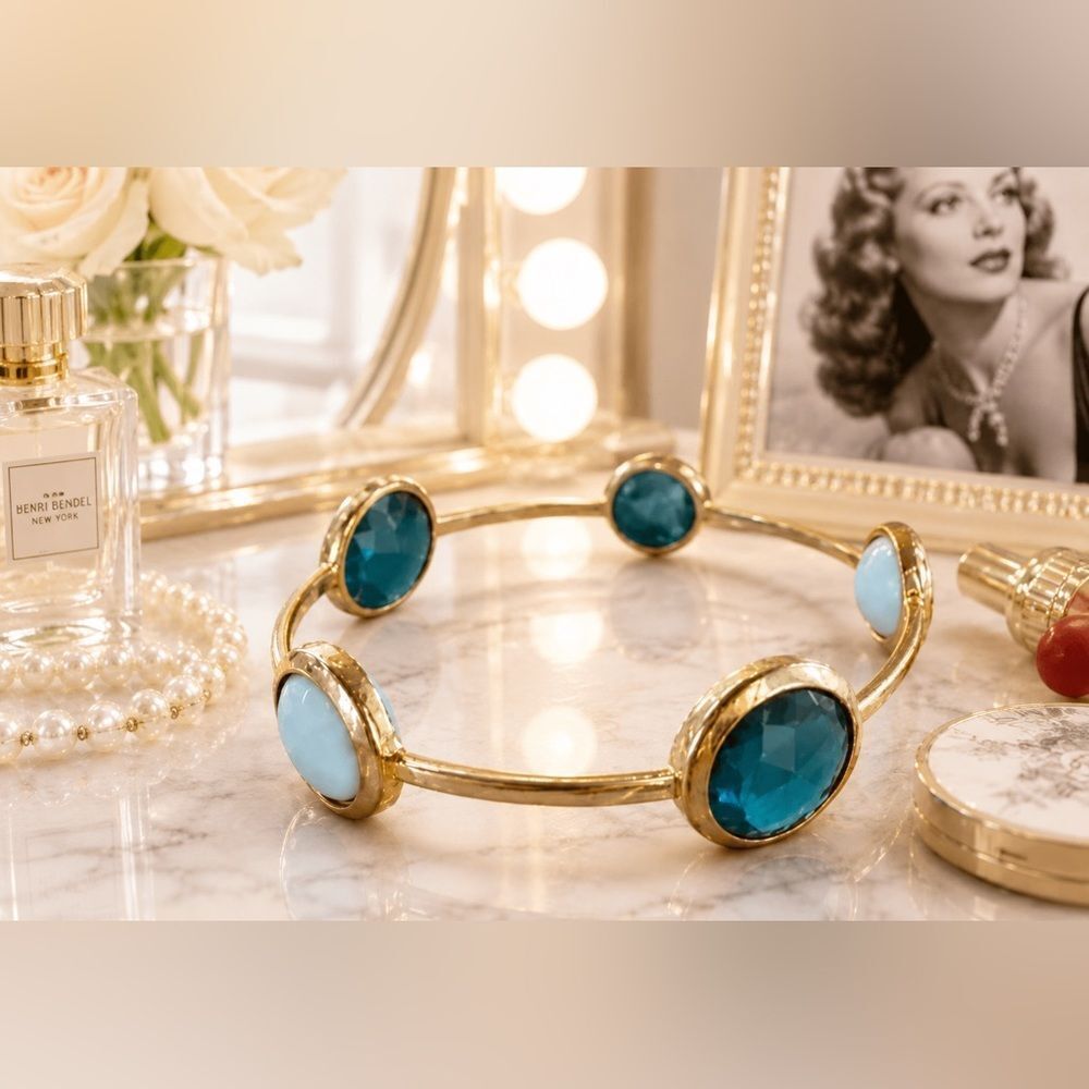 *RARE* Henri Bendel Turquoise Blue Faceted Gemstone Bangle Bracelet Lg Sz